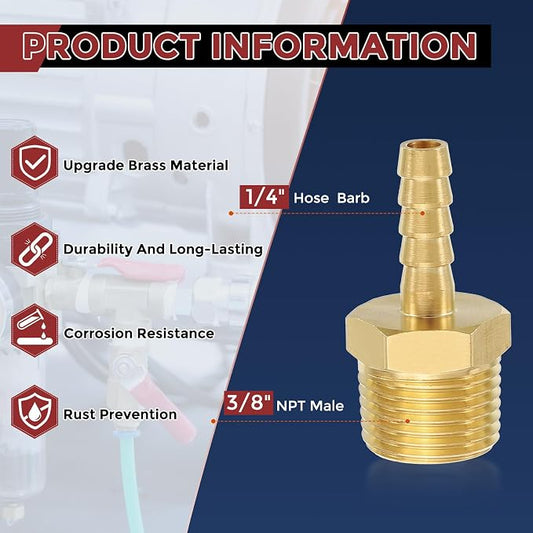 Pack of 3 Brass Hose Barb Fittings Adapter Connector 1/4" Hose Barb to 3/8" NPT Male Fittings for Home Machines, Massage Bathtubs, and Irrigation Systems
