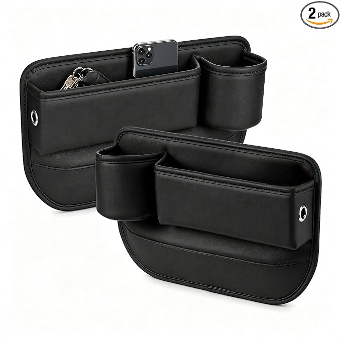 2 Pack Leather Car Seat Gap Organizer Filler with Cup Holder | PVC Leather Seat Gap Filler, Universal Front Seat Storage Box for Cell Phones, Wallets, Keys, Cards, Interior Accessories