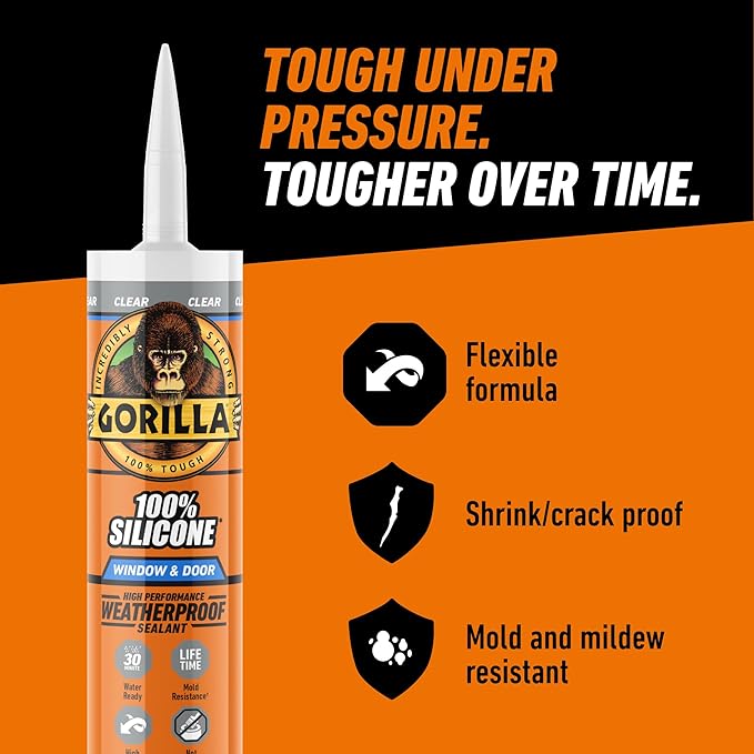Gorilla 100% Silicone Sealant Caulk Window & Door, 10 Ounce Cartridge, Clear