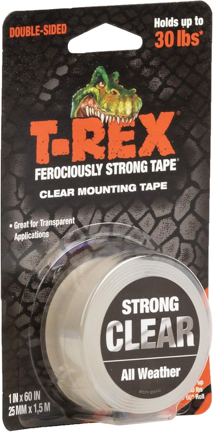 T-Rex Strong Hold Clear Double Sided Mounting Tape, Heavy Duty, All Weather Indoor and Outdoor Use, Clear, 1 in x 60 in, 1 Roll (285338)