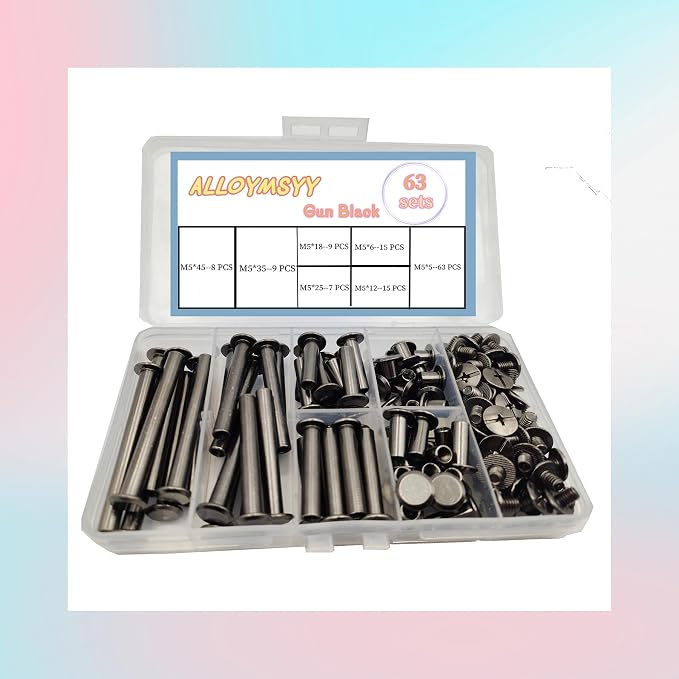 126 PCS Black Leather Rivets Set Screws Rivets M5 Chicago Binding Screws Adjust and Repair Leather Craft Belts, Bags, Shoes, Purse Bindings (M5 * 6.12.18.25.35.45).