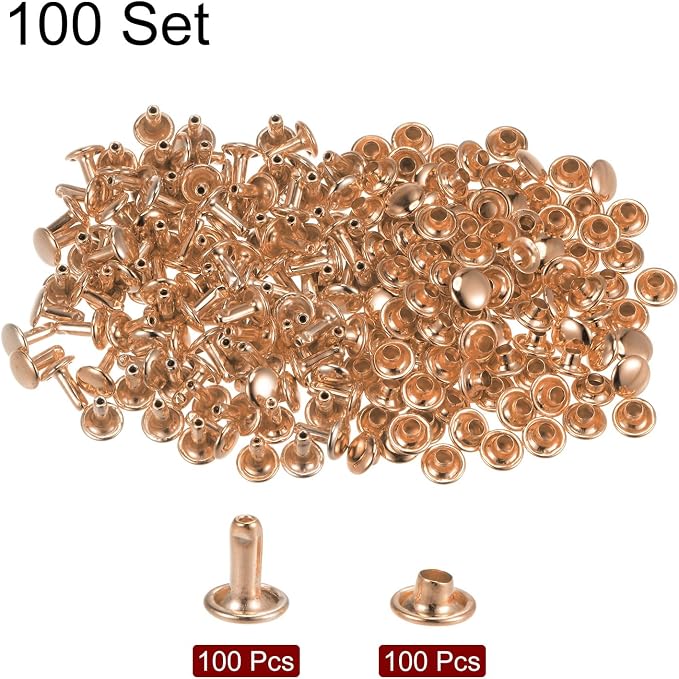 HARFINGTON 100 Sets Leather Rivets 8 x 7mm Metal Double Cap Rivet Snaps Studs Fasteners with 3pcs Setting Tools for Leather Craft DIY Repair Decoration, Light Gold Tone