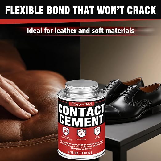 Contact Cement Adhesive 4.16 oz with Brush for Leather, Wood & Furniture | High-strength neoprene contact cement with brush for leather, wood, rubber and furniture. Waterproof and flexible