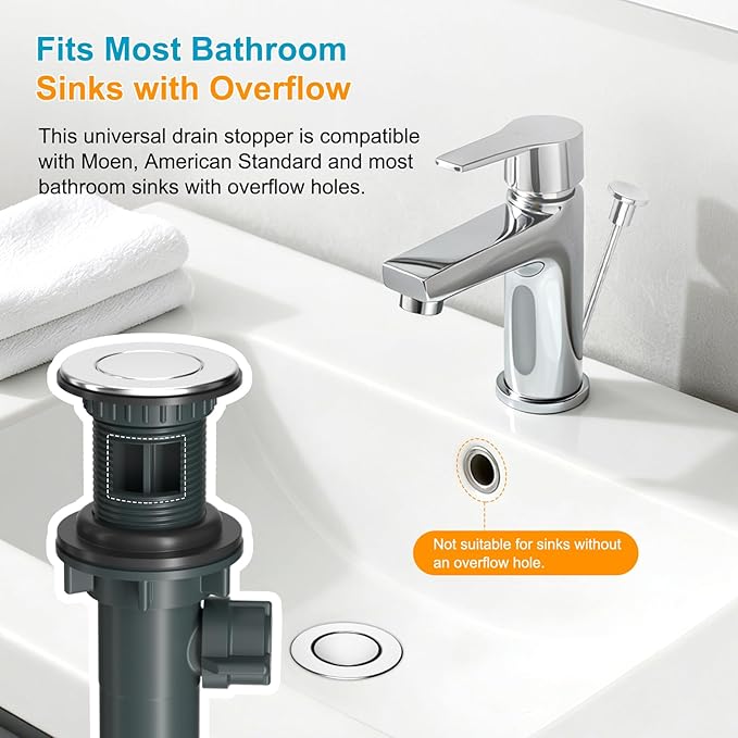 Hibbent 2 Pack Bathroom Sink Drain Assembly with Lift Rod, Lavatory Universal Pop Up Drain Stopper with Overflow for Bathroom Vanity Vessel Sink, Compatible with Moen, American Standard Hole, Chrome
