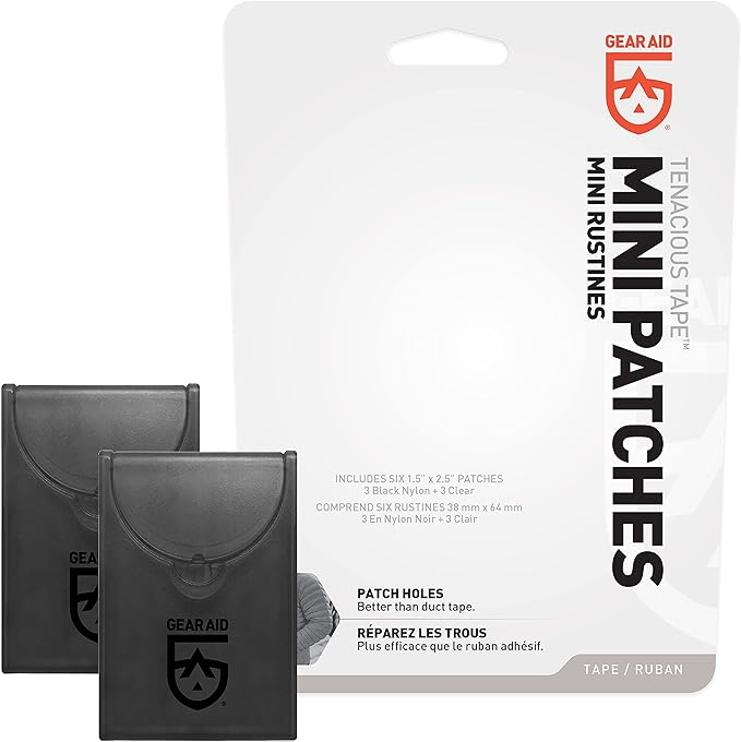 GEAR AID Tenacious Tape Mini Patches with Peel-and-Stick Adhesive to Fix Holes and Tears in Winter Gear, Down Puffer Jackets, Sleeping Bags, Tents, and Rain Gear, Black, 2 Pack
