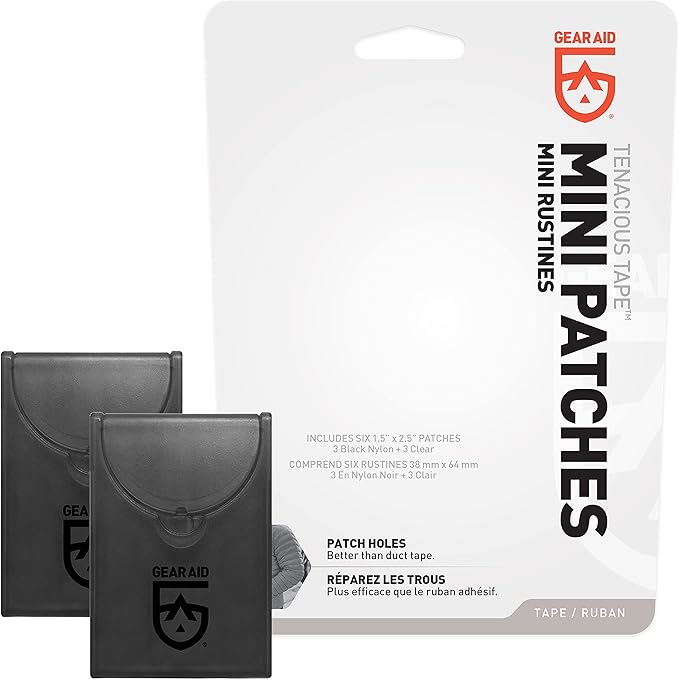 GEAR AID Tenacious Tape Mini Patches with Peel-and-Stick Adhesive to Fix Holes and Tears in Winter Gear, Down Puffer Jackets, Sleeping Bags, Tents, and Rain Gear, Clear, 2 Pack