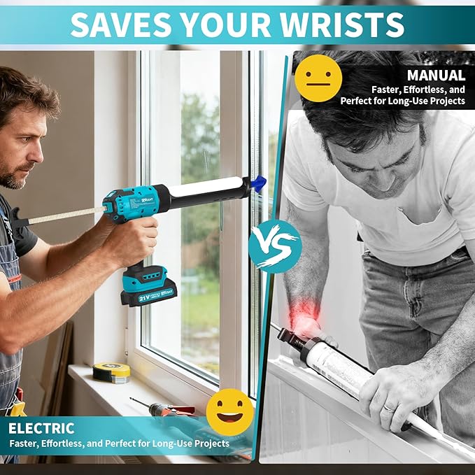 Cordless Caulking Gun, 21V Battery Powered Caulk Gun, Electric Caulking Gun w/2 x 2.0Ah Batteries, 9Pcs Caulk Remover Tool, LED Light, Auto Retract for Filling, Sealing