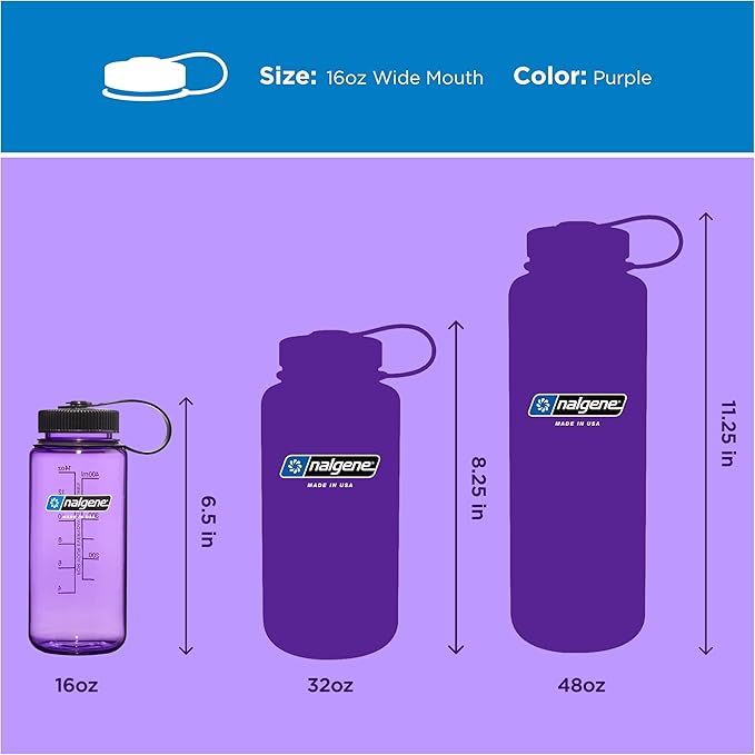 Nalgene 16 oz Wide Mouth Water Bottle | Slim Cup Holder Size, BPA-Free, Durable & Leak Proof, Lightweight Travel Bottle, Purple