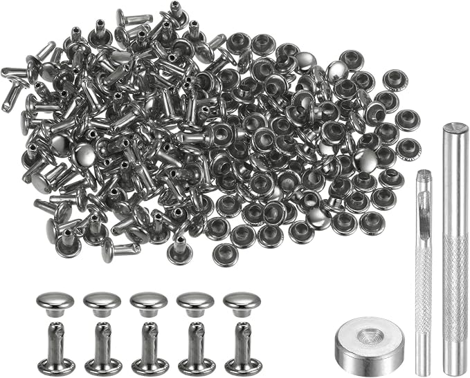 HARFINGTON 100 Sets Leather Rivets 8 x 6mm Metal Double Cap Rivet Snaps Studs Fasteners with 3pcs Setting Tools Rivets for Leather Craft DIY Repair Decoration, Gunmetal