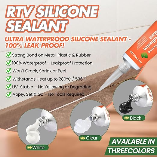 RTV Silicone Sealant Adhesive, 100% Waterproof Silicone Caulk, Strong Adhesion, Shrink & Crack Resistant, All-Purpose Caulk for Car, Kitchen, Bathroom, Window & Door Sealing – 1.8 Fl. Oz (Clear)