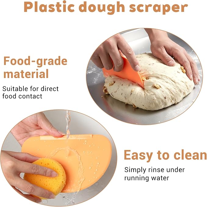 3PCS Dough Scraper Set, Plastic Bread Dough Scraper Tool, Flexible Bowl Scraper with Curved Edge, Kitchen Bench Scrapers for Bread Sourdough Cake Batter Pastry Cheese, Orange