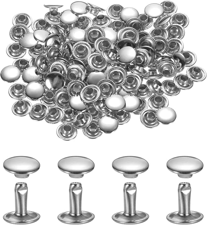 uxcell 120Set Leather Rivets, 8mm Double Cap Rivet Tubular Metal Studs Repairs Decoration Craft Accessories for Repair Decorate Leather Craft Belt Bag Shoes Purse Belts, Silver