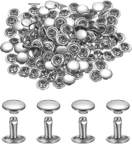 uxcell 120Set Leather Rivets, 8mm Double Cap Rivet Tubular Metal Studs Repairs Decoration Craft Accessories for Repair Decorate Leather Craft Belt Bag Shoes Purse Belts, Silver