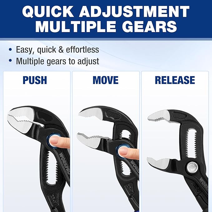 WORKPRO 7 Inch Water Pump Pliers, Quick Release Groove Joint Pliers, CR-V Tongue and Groove Pliers for Home and Industrial Repair, V-Jaw & Push-Lock Desigh, Comfortable Grips, Upgraded Wide Opening