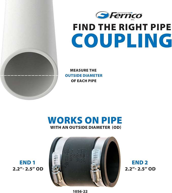 Fernco 1056-22 Flexible Pipe Coupling 2” CI/Plastic/Steel to 2” CI/Plastic/Steel