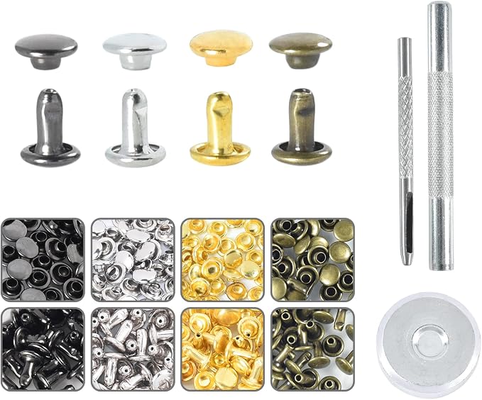 400Sets 6mm Double Cap Leather Rivets Kit, Leathercraft Rivet Tubular Metal Rivets Studs with 3PCS Punch Rivets Setting Tools, for Keyring Pets Collar Bag Repair Decorate Crafts Accessories (4 Colors)