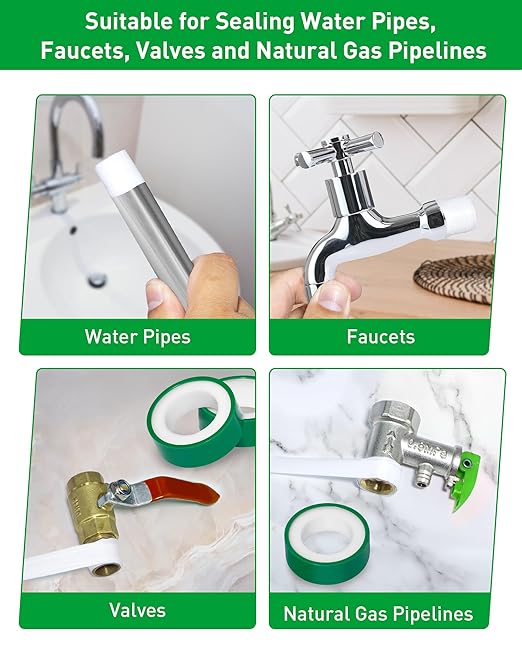 3 Roll Plumbers Tape, Teflon Tape, -374 to 536 Degree F Temperature Range, High Density 0.45g/cm, Water Pipe Sealing Plumbing Tape, Duct Tape, L 390 in x W 0.47 in³. Green