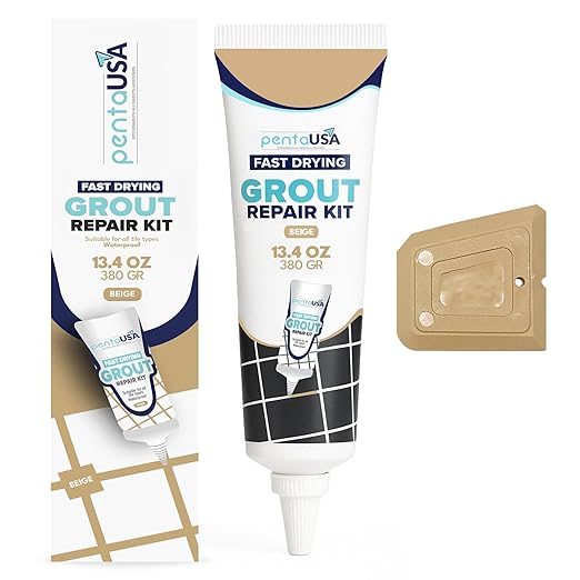 PentaUSA Tile Grout Repair Kit - Warm Beige Premixed Acrylic Sanded Grout, Water-Resistant Grout Filler for Bathroom&Shower, Kitchen Floor, Fast Drying, with Applicator, 13.4 oz (380g)