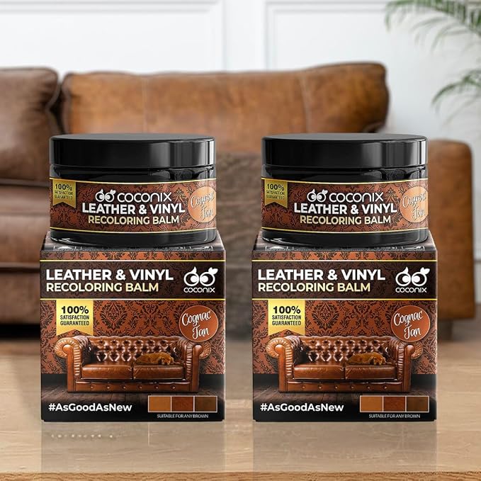COCONIX Leather & Vinyl Recoloring Balm - Cognac Tan | Restore Faded, Worn, and Peeling Leather and Vinyl on Sofas, Chairs, and Car Seats | Vibrant Colors with Simple Application