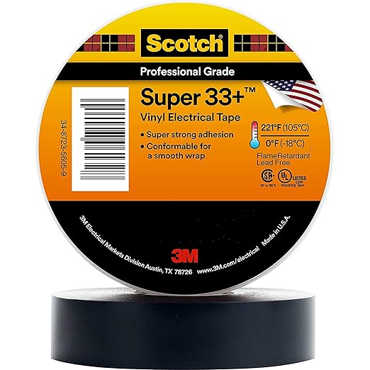 3M Scotch Super 33+ Electrical Tape - 2 in x 66 ft, Premium Grade All-Weather Vinyl, Resistant to Abrasion, Moisture, Corrosion, Alkalies - 1-1/2 in Core, Black, 1 Roll