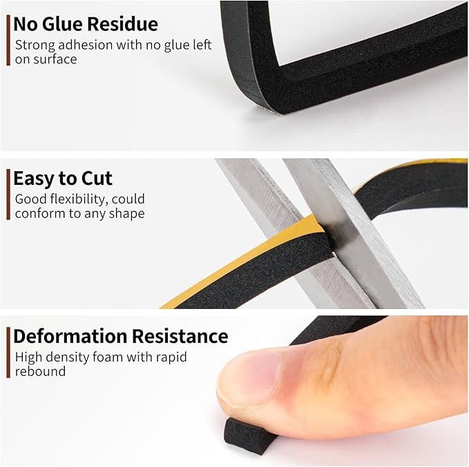 Yotache Foam Weather Stripping 1/4" W X 1/4" T, New Adhesive Craft, Insulation Soundproofing Strips Tape Gasket Seal for Door Frame and Window, Sliding Door Jamb, Total 30 Ft