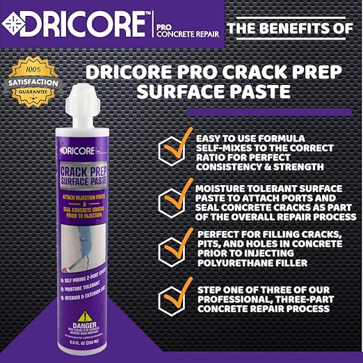 DRICORE PRO Concrete Repair Crack Prep Surface Paste (Step One) | Moisture Tolerant Preparation Epoxy for Sealing Indoor and Outdoor Cracks in Floors, Walls, and Basements
