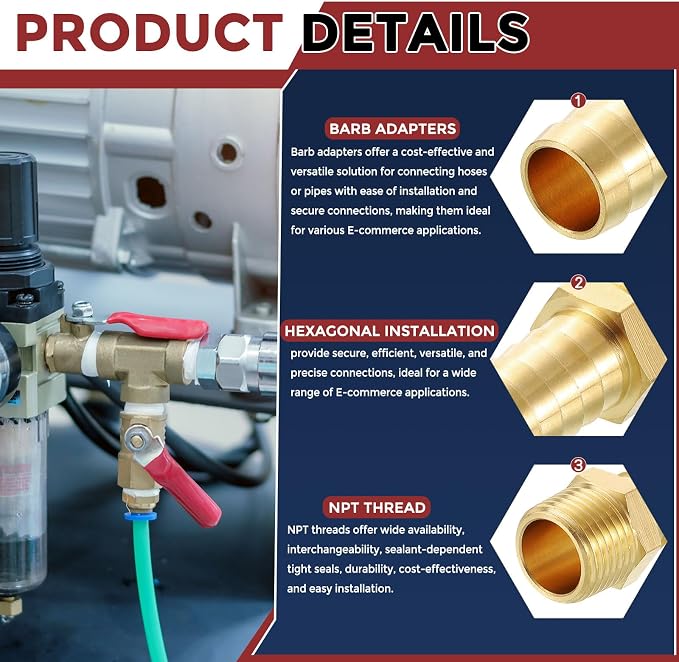 Pack of 4 Brass Hose Barb Fittings Adapter Connector 5/32" Hose Barb to 1/8" NPT Male Fittings for Home Machines, Massage Bathtubs, and Irrigation Systems