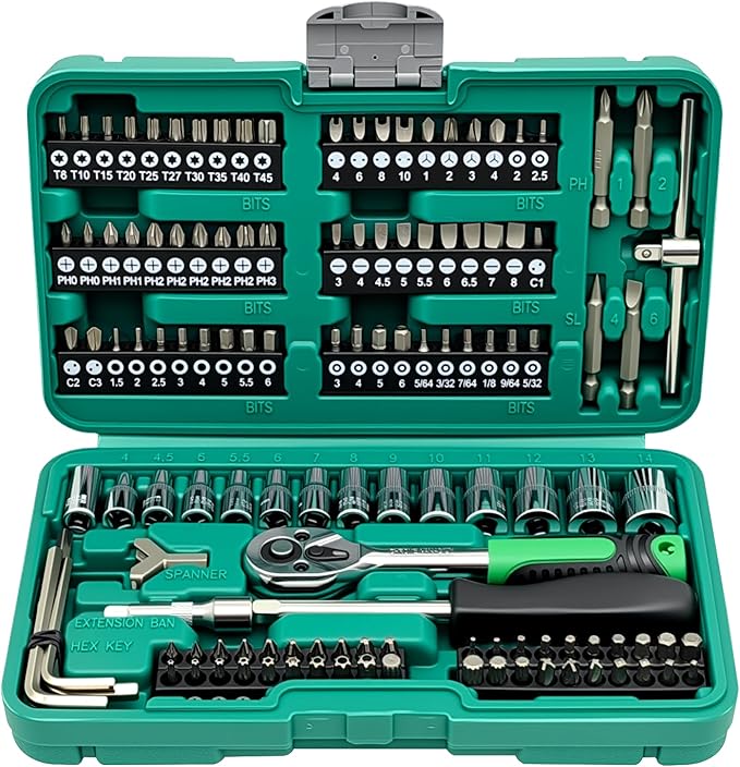 ZKTOOL 130PCS Ratchet Wrench Socket Set, With 13PC 4-14MM Hexagon Sockets,Allen Wrench Set, Universal Joint Socket, Ratchet Wrench, Extension Rod, Professional Auto Repair Tool Set With Storage Box