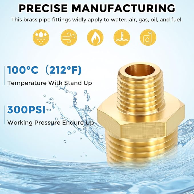 Packs of 2, 3/4" MNPT To 3/4" MNPT Solid Brass Hex Nipple Hose Connectors W/Sealing Tapes, Male Pipe Adapter for Pipe Leak Repair, Bathroom Remodeling, Tool Extension, Compression