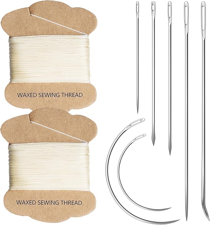 Upholstery Repair Kit: Extra Strong Waxed Sewing Thread 2 Rolls (Beige Color) &Heavy Duty Household Hand Needles (7 PCS) for Leather, Canvas, Bookbinding & Quilting Thread