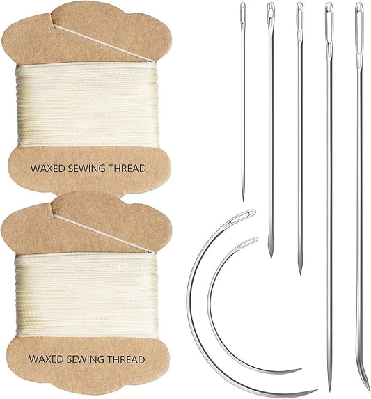 Upholstery Repair Kit: Extra Strong Waxed Sewing Thread 2 Rolls (Beige Color) &Heavy Duty Household Hand Needles (7 PCS) for Leather, Canvas, Bookbinding & Quilting Thread