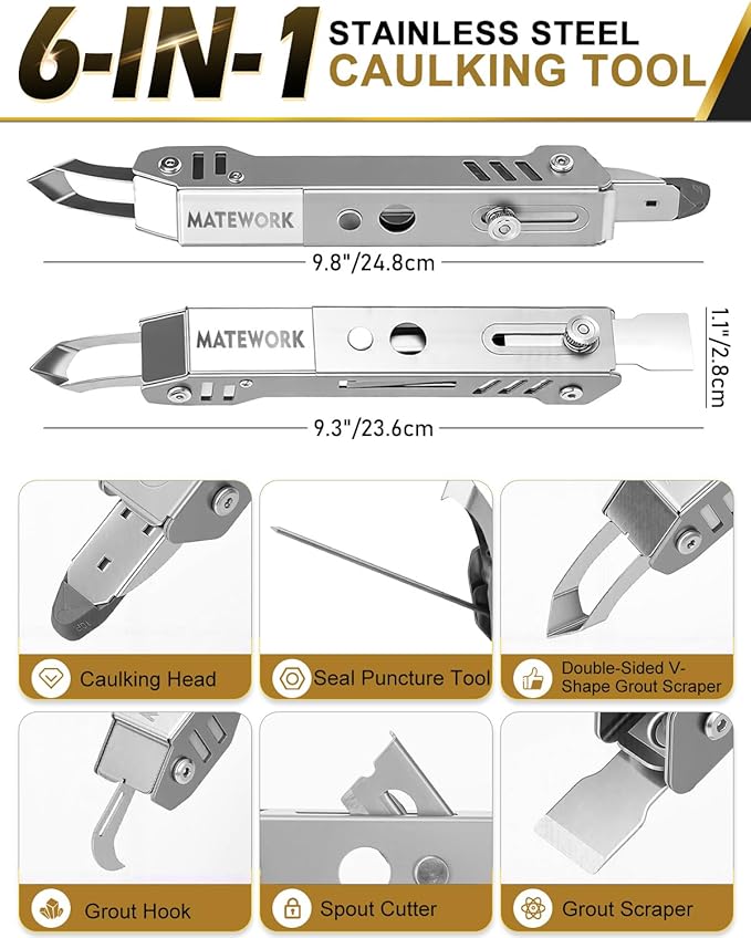 Matework Caulking Tool, 6 in 1 Caulk Remover Tool, 100% Stainless Steel Sealant Finishing Tools with 5 Silicone Pads, Multi-Function Grout Removal Tool Kit for Bathroom, Shower, Kitchen, Window, Sink