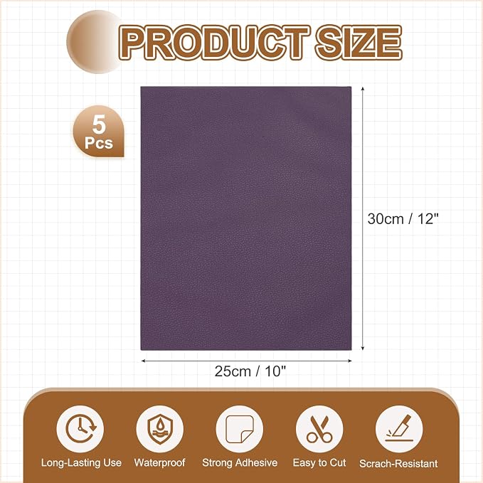 MECCANIXITY 5 Pcs Leather Repair Patch 10"x12" Self-Adhesive Leather Vinyl Repair Tape Kit for Furniture Couches Sofa Chair Car Boat Seats Jackets, Dark Purple