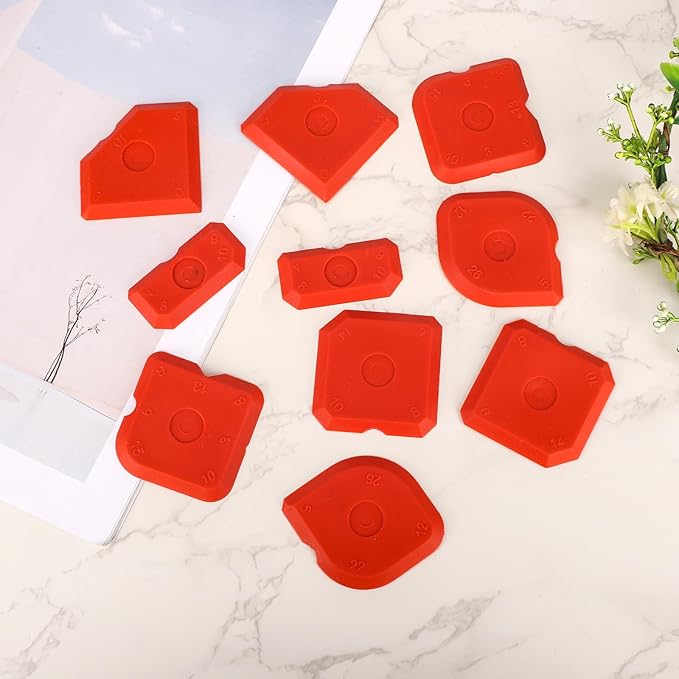 Tinoaly 10pcs Caulking Tool Kit, Silicone Reusable Sealant Grout Finishing Tool Set Portable Sealant Scraper Suitable for Kitchen Bathroom Floor Sink (Red)