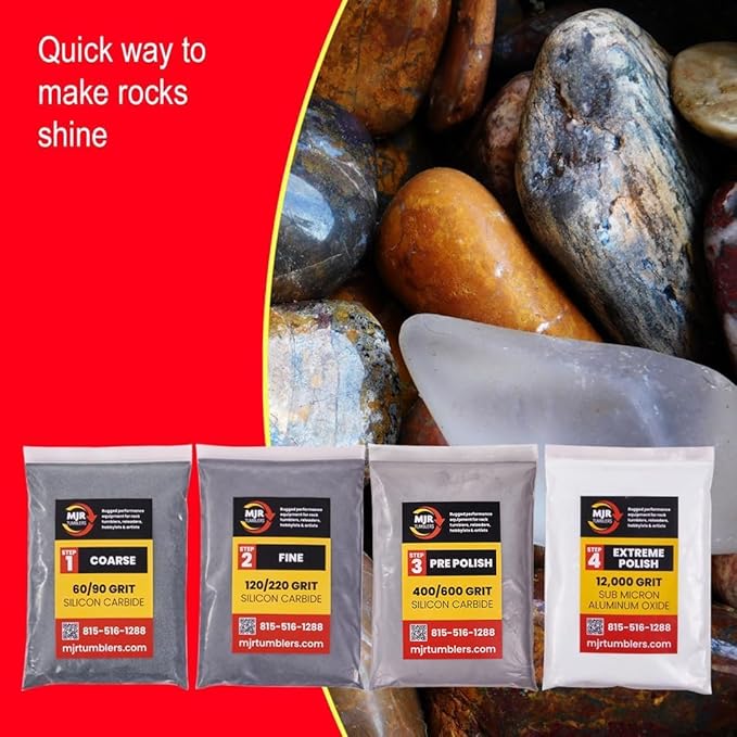 Rock Tumbler Grit Kit Refill with 12,000 Grit Polish, Silicon Carbide & Aluminum Oxide, Stone Polishing Kit with Plastic Pellets for 10lb Rotary & Vibratory Tumblers