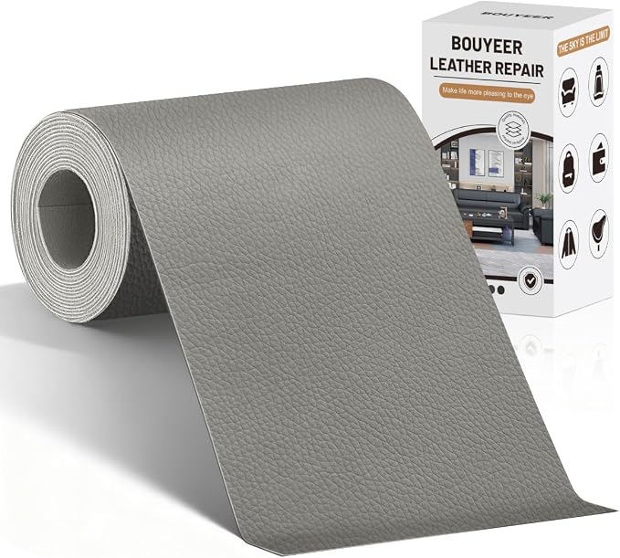BOUYEER Leather Repair Patch Tape Kit,Self Adhesive Leather Repair for Sofa，Car Seat,Office Chair,Furniture,Jacket,Waterproof Strong Adhesive Vinyl Repair Kit. 4 in x 79 in,Grey