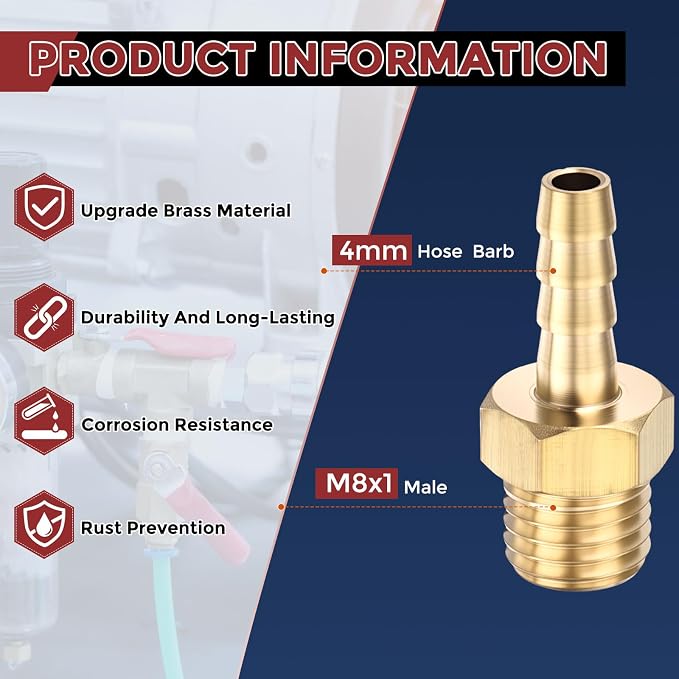 Pack of 2 Brass Hose Barb Fittings Adapter Connector 4mm Hose Barb to M8x1 Male Fittings for Home Machines, Massage Bathtubs, and Irrigation Systems