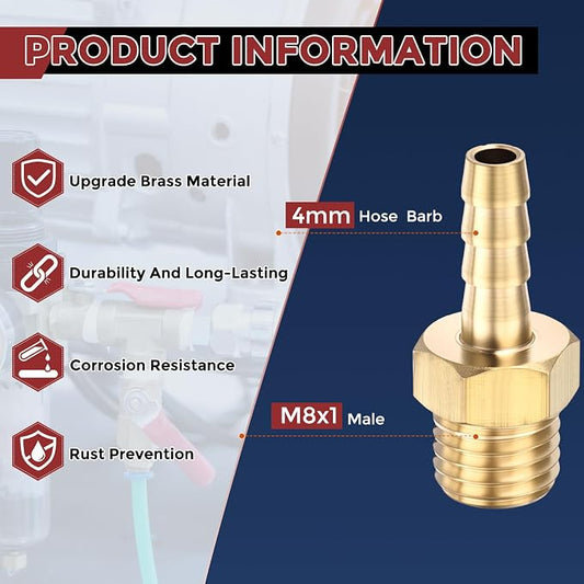 Pack of 2 Brass Hose Barb Fittings Adapter Connector 4mm Hose Barb to M8x1 Male Fittings for Home Machines, Massage Bathtubs, and Irrigation Systems