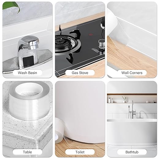 3 Rolls 1.5 Inch Caulk Tape Self Adhesive Toilet Caulking Strip Bathroom Sealing Caulk Strip Peel and Stick Bathtub Caulking Tape, 10.5 Feet Each Roll (Clear)