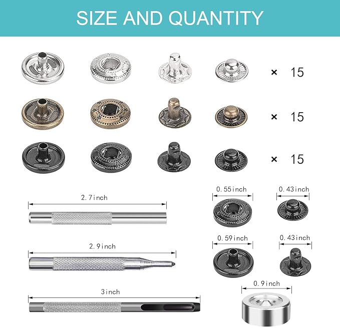 45 Set Leather Snap Fasteners Kit, 15mm Stainless Steel Leather Snaps Kit with 4 Install Tools, 3 Color Snaps for Clothes, Jacket, Down Jeans Wears, Bracelets, Bag, DIY Crafts
