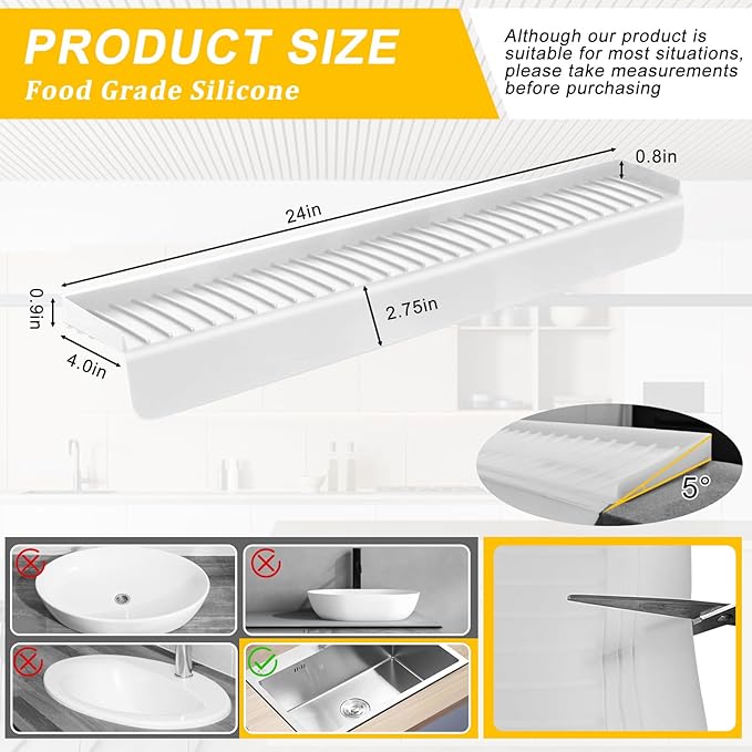 Silicone Sink Edge Protectors - Multifunction Accessories, Splash Guard & Draining Mat for Kitchen, Bathroom Sink, Steel, Granite, Quartz Countertops (Transparent, 4 * 24in)
