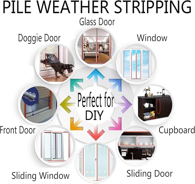 Brush Weather Stripping for Sliding Windows/Doors Frame Side,Pile Self Adhesive Weatherstrip Seal Strip for Soundproofing (16.5ft x11/32 x 11/32 Brush inch, Black)