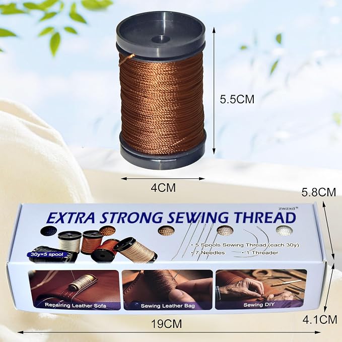 Extra Strong Upholstery Repair Sewing Thread Kit and Heavy Duty Household Hand Needles, Including 5 Rolls Nylon Thread,7 Styles of Leather Canvas Sewing Needles and 1 Needle Threader