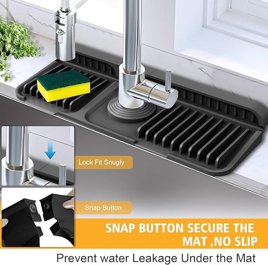 14.6-Inch Kitchen Sink Splash Guard Mat | 7° Slope for Fast Self-Draining | Snap-Lock Design | Universal & Cuttable Silicone Faucet Mat BLACK