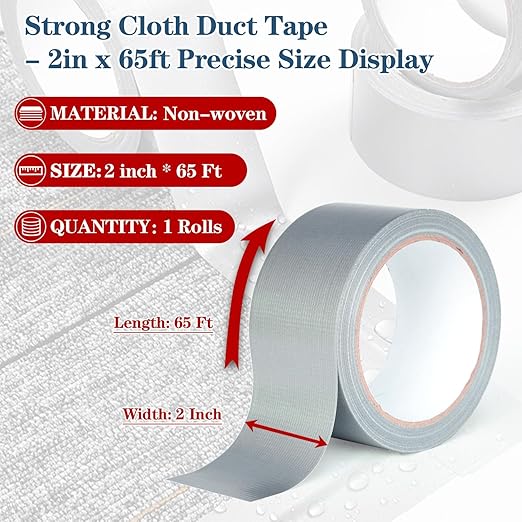 1-Pack Multipurpose Strong Cloth Duct Tape,2IN×22yd Duct Tape Heavy Duty Waterproof Silver Easy Tear, High Adhesion for Indoor/Outdoor Repairs, DIY, Packaging