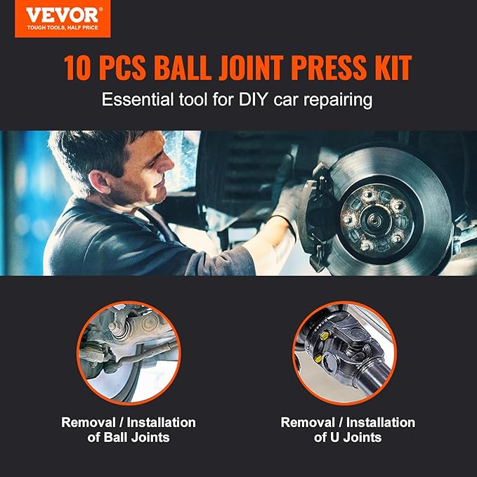 VEVOR Ball Joint Press Kit, 10 pcs Tool Kit, C-Press Ball Joint Remove and Install Tools, for Most 2WD and 4WD Cars, Heavy Duty Ball Joint Repair Kit for Automotive Repairing