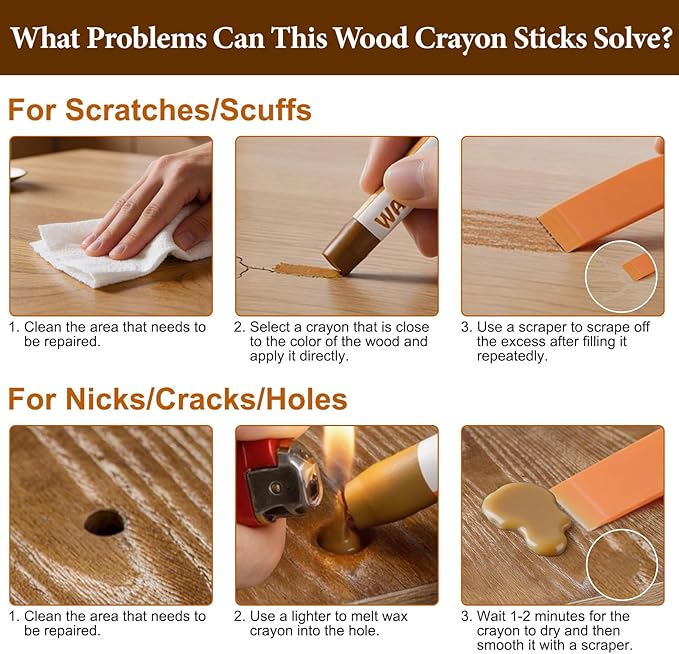 Wood Filler Sticks, 16 Colors Wax Filler Touch Up Pen, Wood Repair Crayons to Fix Scratches, Scuffs, Cracks, Stains and Holes on Hardwood Floors, Furniture, Cabinets, Tables, Doors