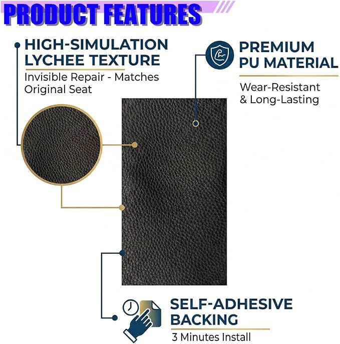 2PCS PU Leather Car Seat Repair Patch, 7.87''×3.93'' Breathable Water-Resistant Repair Tape, Portable Self-Adhesive Vehicle Interior Repairing Tool for Furniture, Couch, Sofa (Black)