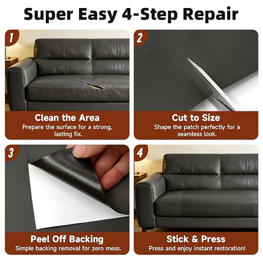 Leather Repair Tape, Heavy Duty Vinyl Repair Patch, Waterproof Self Adhesive Leather Repair Kit for Fixing Holes & Scratches on Couch, Car Seat, Furniture (Dark Grey, 7.87x 85in)