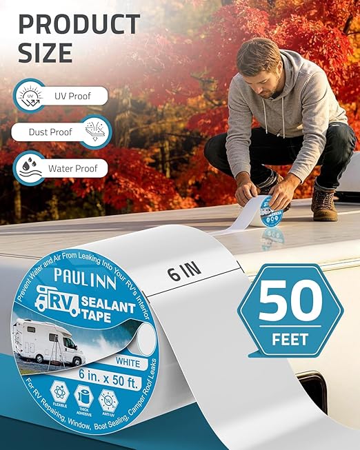 PAULINN RV Roof Sealant Tape, 6 Inch X 50 Foot Natural White Roofing Repair Tape, UV & Weatherproof Roof Seal Tape for RV Camper Trailer Boat Sealing Leak Repair